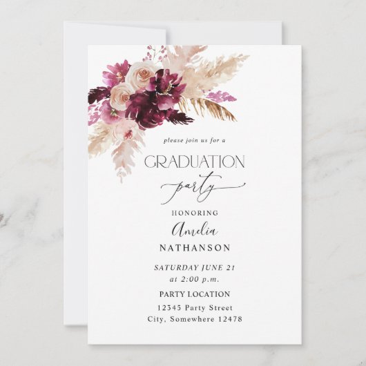 Invitation Boho Burgundy & Pink Floral Graduation Party (Devant)