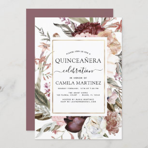 Invitation Boho Burgundy Quinceañera Dusty rose Floral 