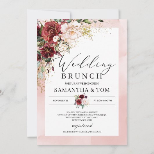 Invitation Boho burgundy rose pâle mariage brunch (Devant)