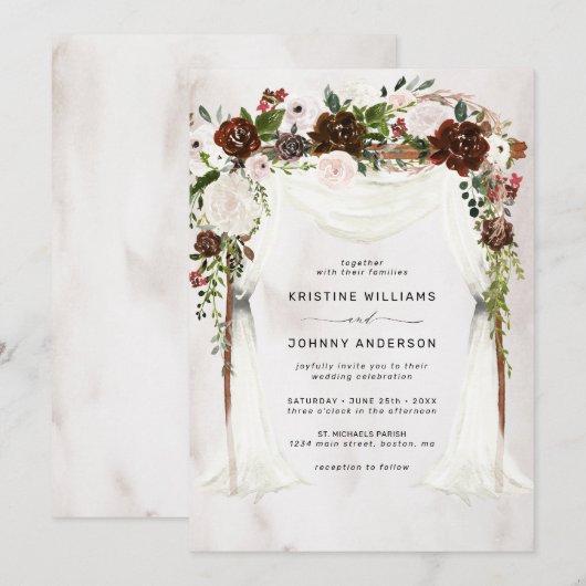 Invitation Boho Burgundy Rose Rose Aquarelle Mariage Floral (Devant / Derrière)