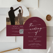 Invitation Boho Burgundy Rouge Photo QR Code Arch Mariage