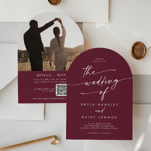 Invitation Boho Burgundy Rouge Photo QR Code Arch Mariage
