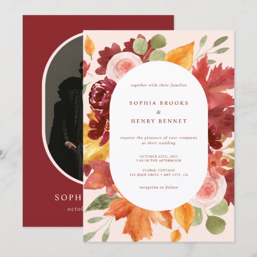 Invitation Boho Burgundy Rustic Floral Mariage photo (Devant / Derrière)