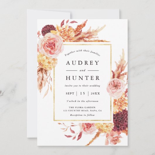 Invitation Boho Burgundy Terracotta Fleur Mariage Or Frame (Devant)