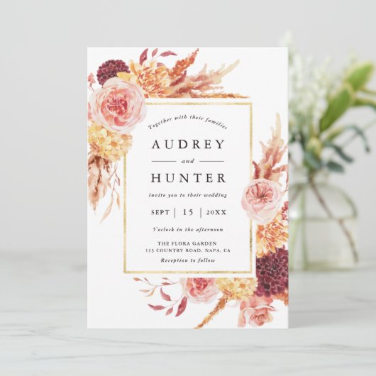 Invitation Boho Burgundy Terracotta Fleur Mariage Or Frame (Debout devant)