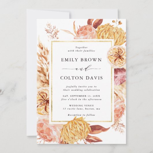 Invitation Boho Burgundy Terracotta Fleur Mariage Or Frame (Devant)