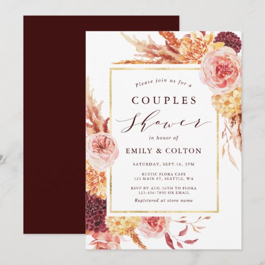Invitation Boho Burgundy Terracotta Floral Couples Douche (Devant / Derrière)