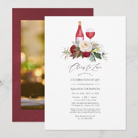 Invitation Boho Burgundy Vin Floral Célébration de la vie (Devant / Derrière)