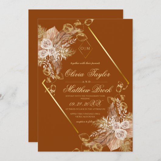 Invitation Boho Burn Orange Diamond Mariage or (Devant / Derrière)