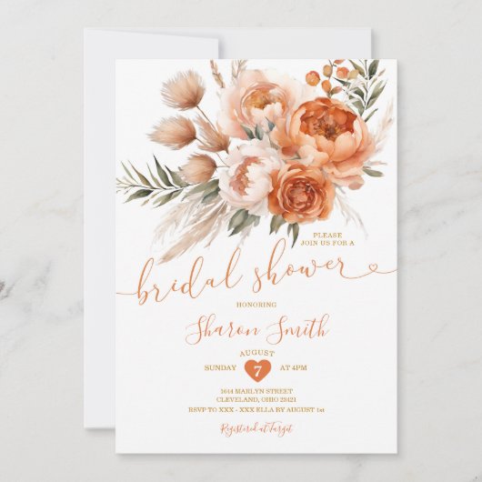 Invitation Boho Burnt Orange Coral Flowers Fête des mariées (Devant)