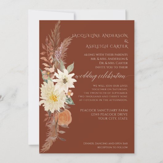 Invitation BOHO Burnt Orange Fall Floral Pampas Herbe Élégant (Devant)