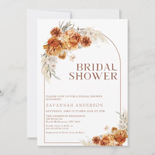 Invitation Boho Burnt Orange Floral Arch nuptiale Douche (Devant)