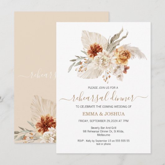 Invitation Boho Burnt Orange Floral Bouquet Dîner de répétiti (Devant / Derrière)