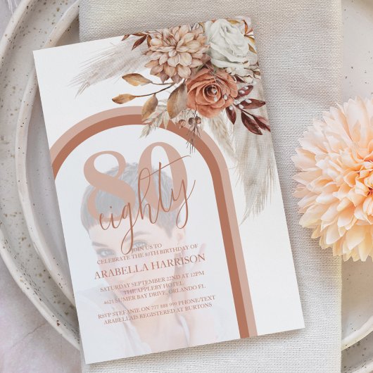 Invitation Boho Burnt Orange Floral Photo 80e anniversaire I