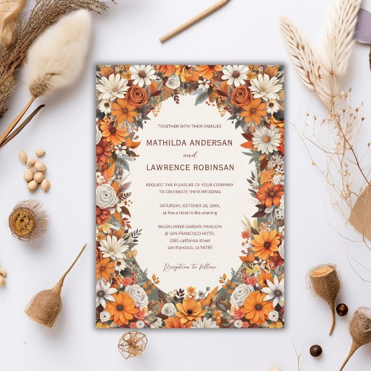 Invitation Boho Burnt Orange Sage Floral Photo Mariage de aut