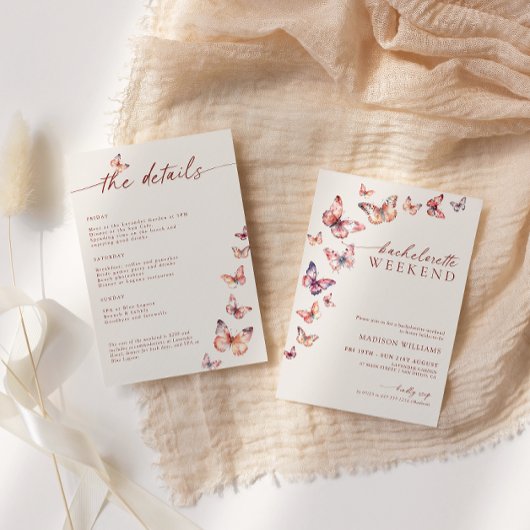 Invitation Boho Butterfly Bachelorette Heekend Itinéraire