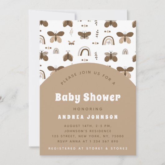 Invitation Boho Butterfly Earthy Rainbow Baby shower neutre (Devant)