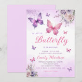 Invitation Boho Butterfly fille Baby shower Purple Floral Ros (Devant / Derrière)