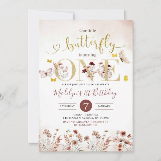 Invitation Boho Butterfly Fleur sauvage Premier anniversaire  (Devant)