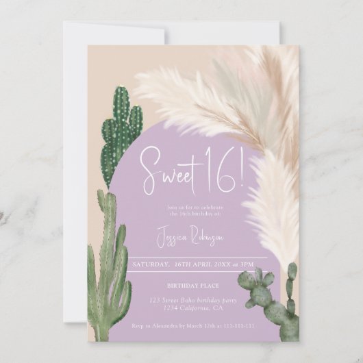 Invitation Boho cactus pampas arche pourpre teinte terre douc (Devant)