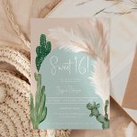 Invitation Boho cactus pampas arche terre verte ton doux 16<br><div class="desc">Tropical Boho désert cactus vert et pampas herbe Sweet 16 anniversaire invitation de fête avec cactus sauvages,  aquarelle pampas,  arche en forme de terre muet avec des couleurs beige clair et terre cuite avec arche verte poussiéreuse.</div>