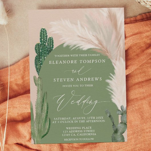 Invitation Boho cactus pampas arche terre verte ton mariage