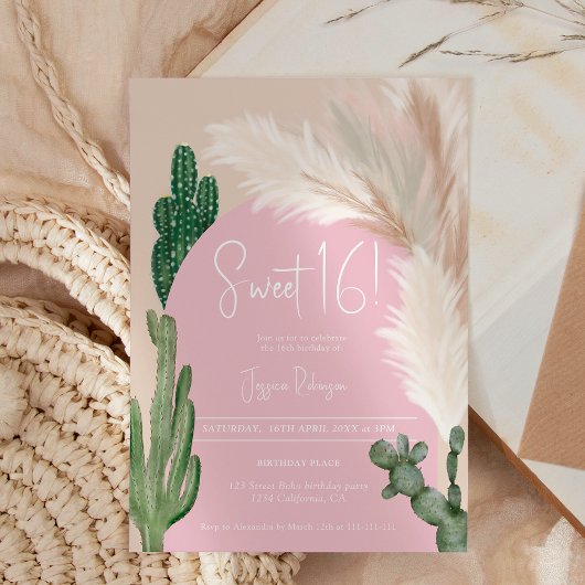 Invitation Boho cactus pampas arche ton de terre rose doux 16