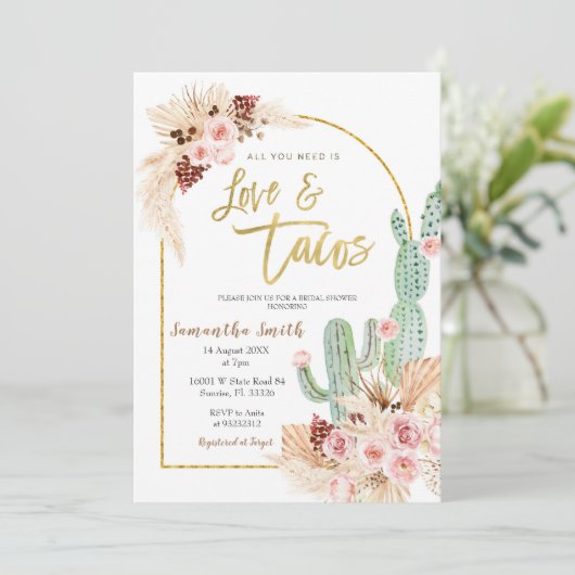 Invitation Boho Cactus Taco sur l'amour Fête des mariées Invi (Debout devant)