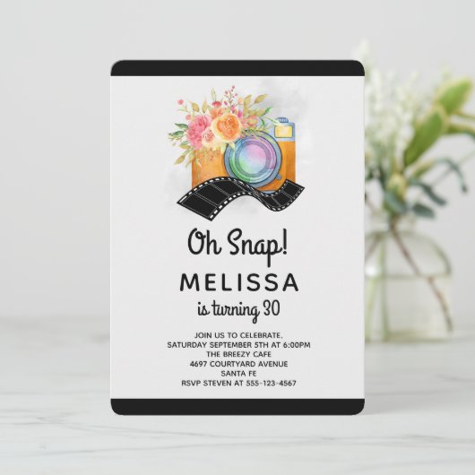 Invitation Boho Camera & Florals Aquarelle Anniversaire (Debout devant)