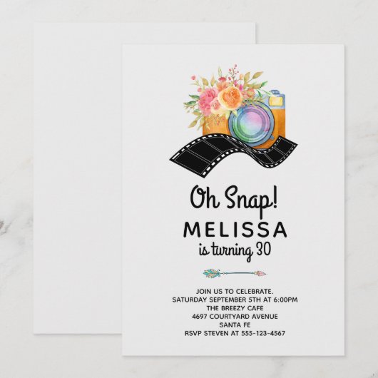 Invitation Boho Camera & Florals Aquarelle Anniversaire (Devant / Derrière)