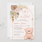Invitation Boho C'est une fille Teddy Bear Baby shower rose (Devant)