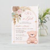 Invitation Boho C'est une fille Teddy Bear Baby shower rose (Debout devant)