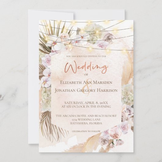 Invitation Boho Champagne Blush Terracotta Pampas Floral Invi (Devant)