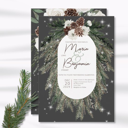 Invitation Boho Charcoal Pine Winter Sparkle Wedding Invitati