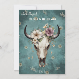 Invitation Boho Chic Aquarelle Crâne de Vache Floral Mariage