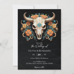 Invitation Boho Chic Aquarelle Floral Vache Mariage crâne