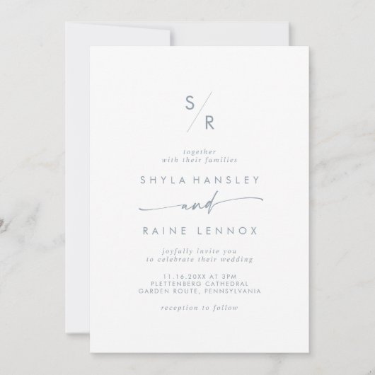 Invitation Boho Chic Ardoise Bleu Monogramme Mariage (Devant)