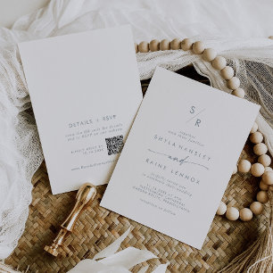 Invitation Boho Chic Ardoise Bleu Monogramme QR Code Mariage