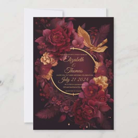 Invitation Boho chic avec thème Bourgogne et or. (Devant)