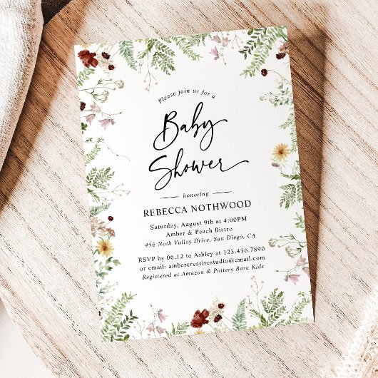 Invitation Boho Chic Baby shower Fleur sauvage avec vert