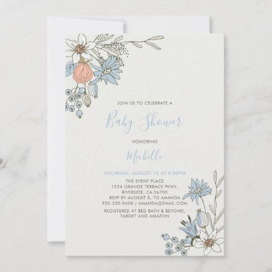 Invitation Boho chic Baby shower floral bleu printemps (Devant)