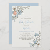 Invitation Boho chic Baby shower floral bleu printemps (Devant / Derrière)
