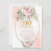 Invitation Boho Chic Blush Floral Greenery Gold 90th Birthday (Devant)