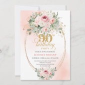 Invitation Boho Chic Blush Floral Greenery Gold 90th Birthday (Devant)