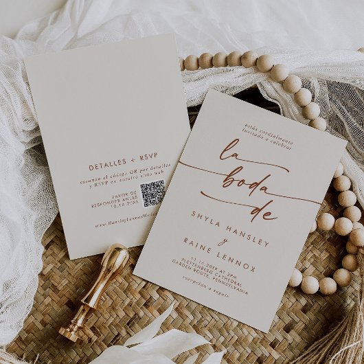 Invitation Boho Chic Bohemian Cream QR Code Mariage espagnol