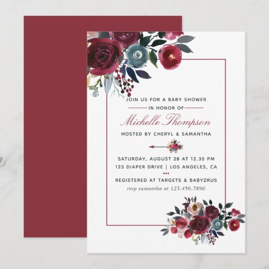 Invitation Boho Chic bordeaux et Baby shower floral marine (Devant / Derrière)