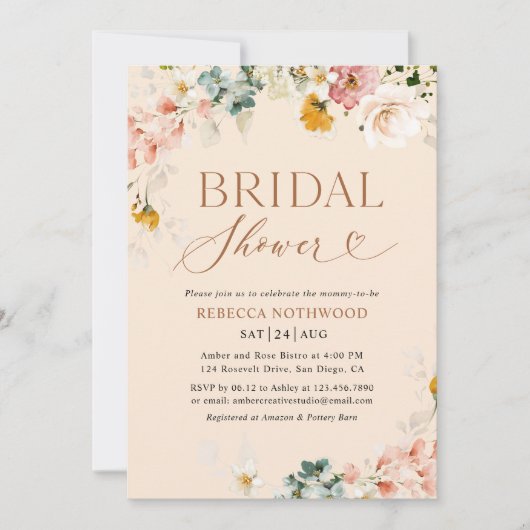 Invitation Boho Chic Botanical Heart Fête des mariées Script (Devant)