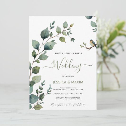 Invitation Boho Chic Botanique Vert Mariage (Debout devant)