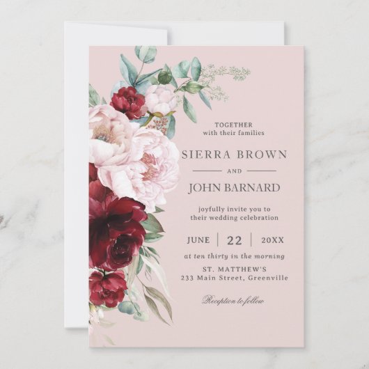 Invitation Boho Chic Bourgogne Blush Peonies Floral Mariage (Devant)