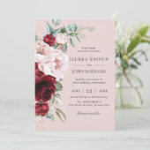 Invitation Boho Chic Bourgogne Blush Peonies Floral Mariage (Debout devant)